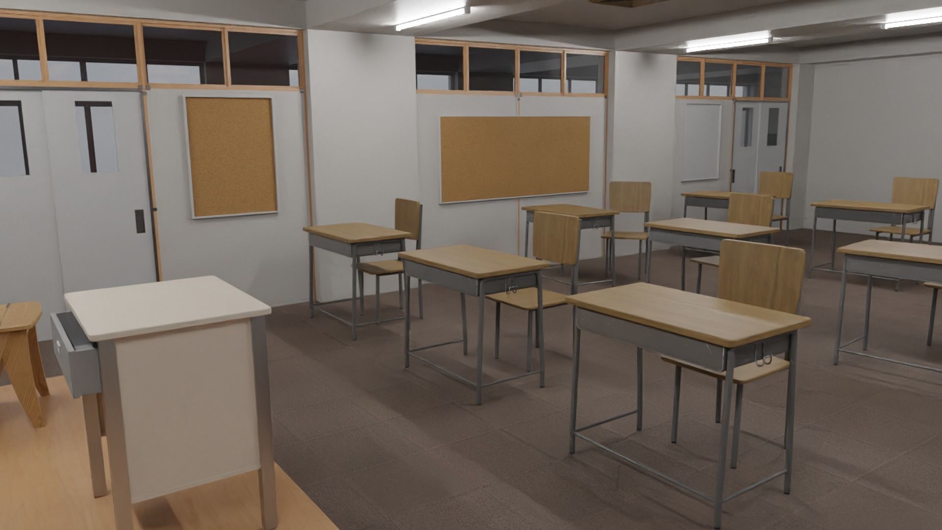 classroom with desks and chairs Low-poly 3D model_1