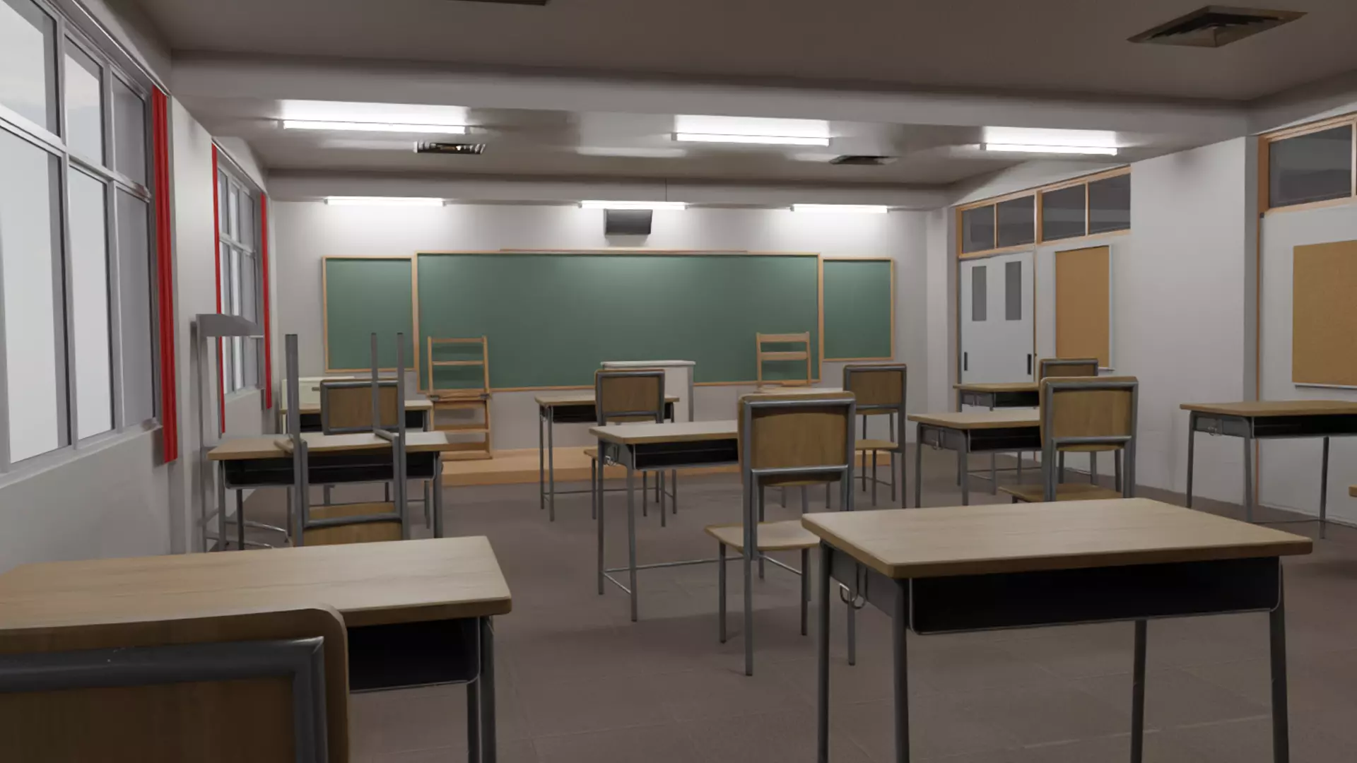 classroom with desks and chairs Low-poly 3D model_0