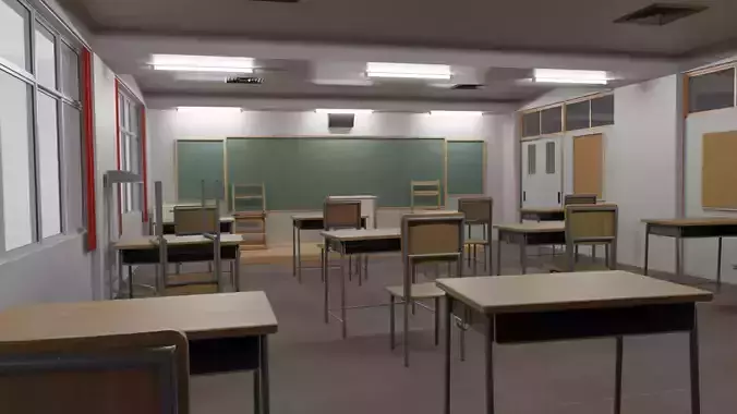 classroom with desks and chairs Low-poly 3D model