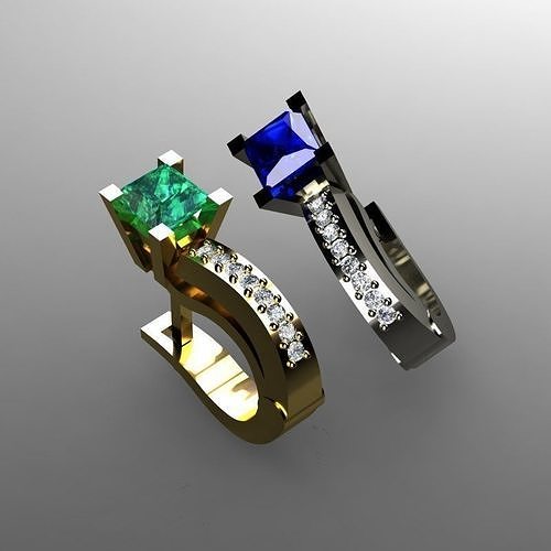 Earrings two rings with emerald and sapphire stones 3D print model