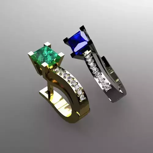 Earrings two rings with emerald and sapphire stones