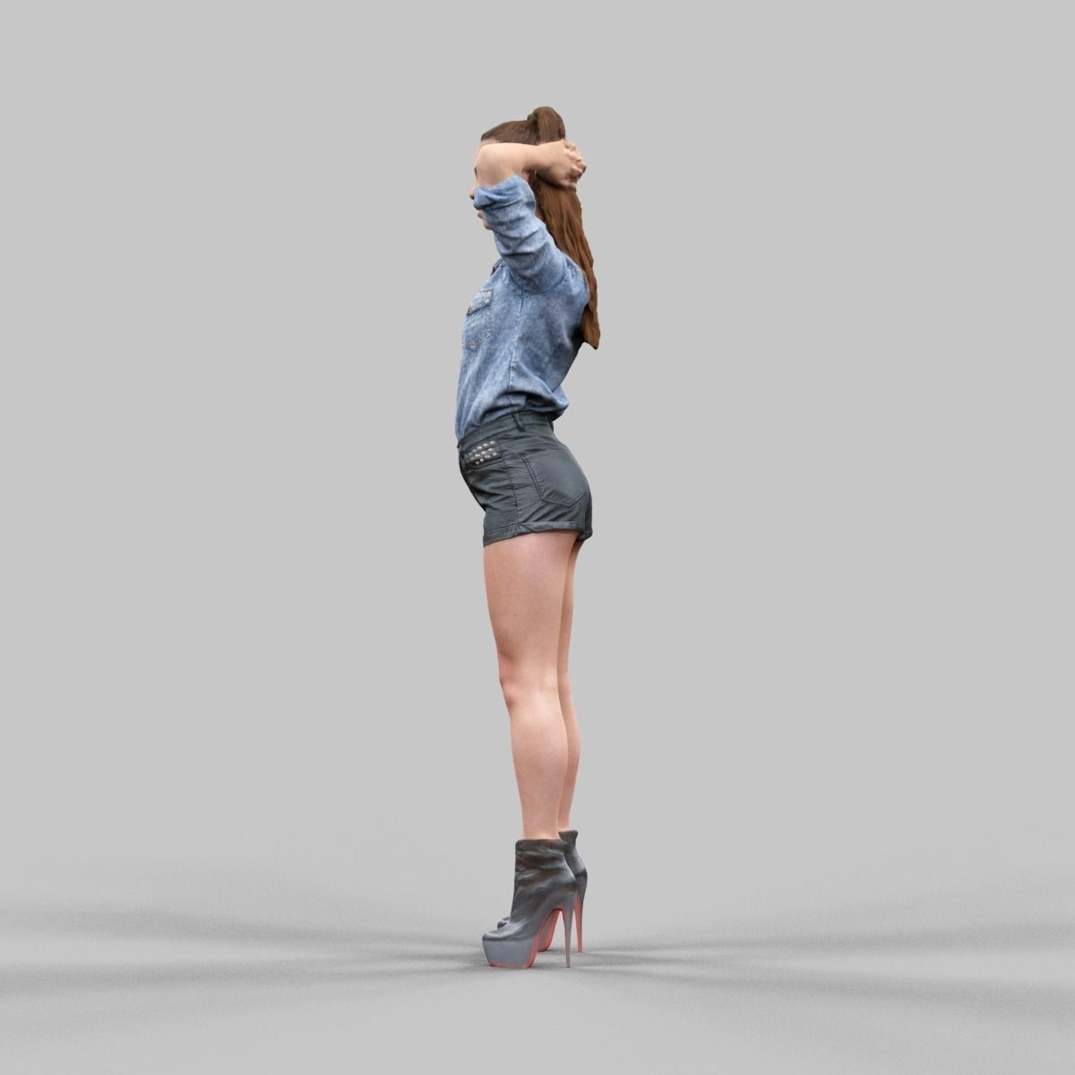Hands behind head girl in leather shorts Low-poly 3D model_4