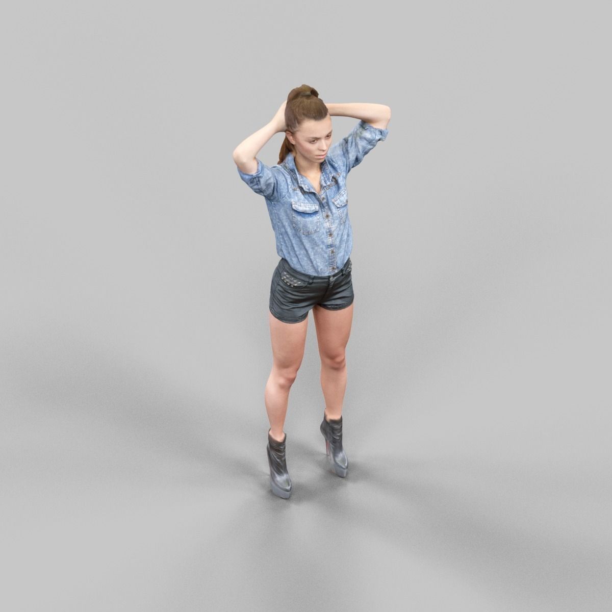 Hands behind head girl in leather shorts Low-poly 3D model_5