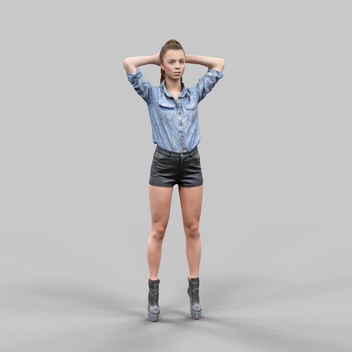 Hands behind head girl in leather shorts Low-poly 3D model_1