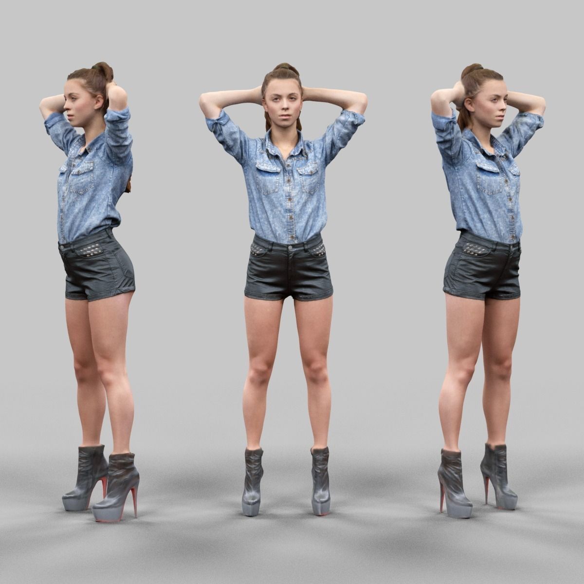 Hands behind head girl in leather shorts Low-poly 3D model_0