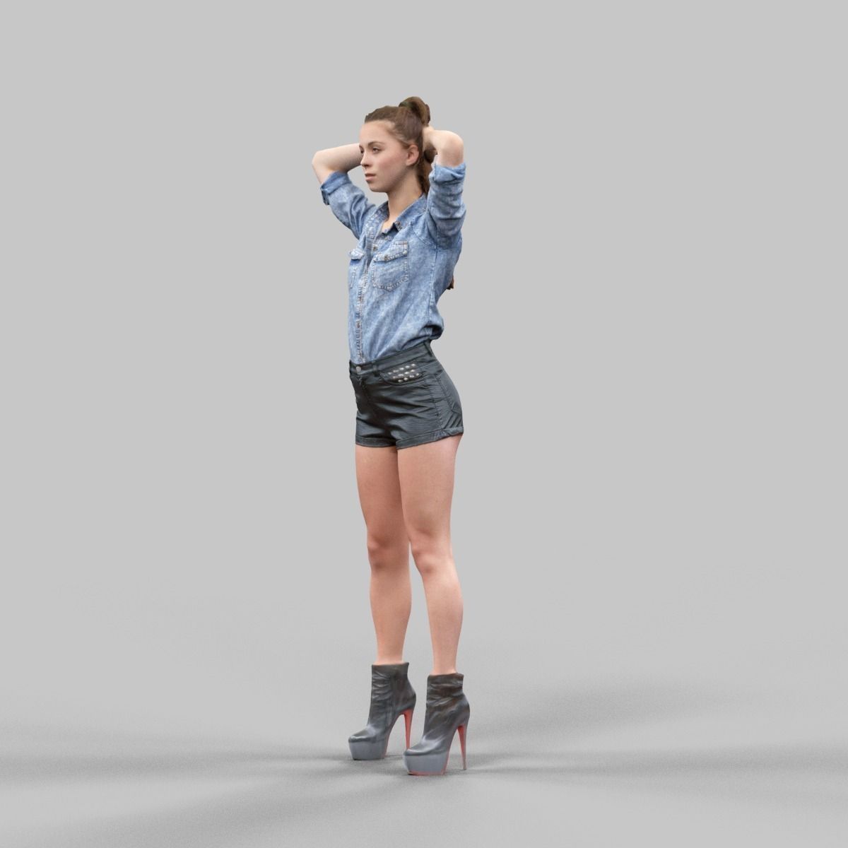 Hands behind head girl in leather shorts Low-poly 3D model_3