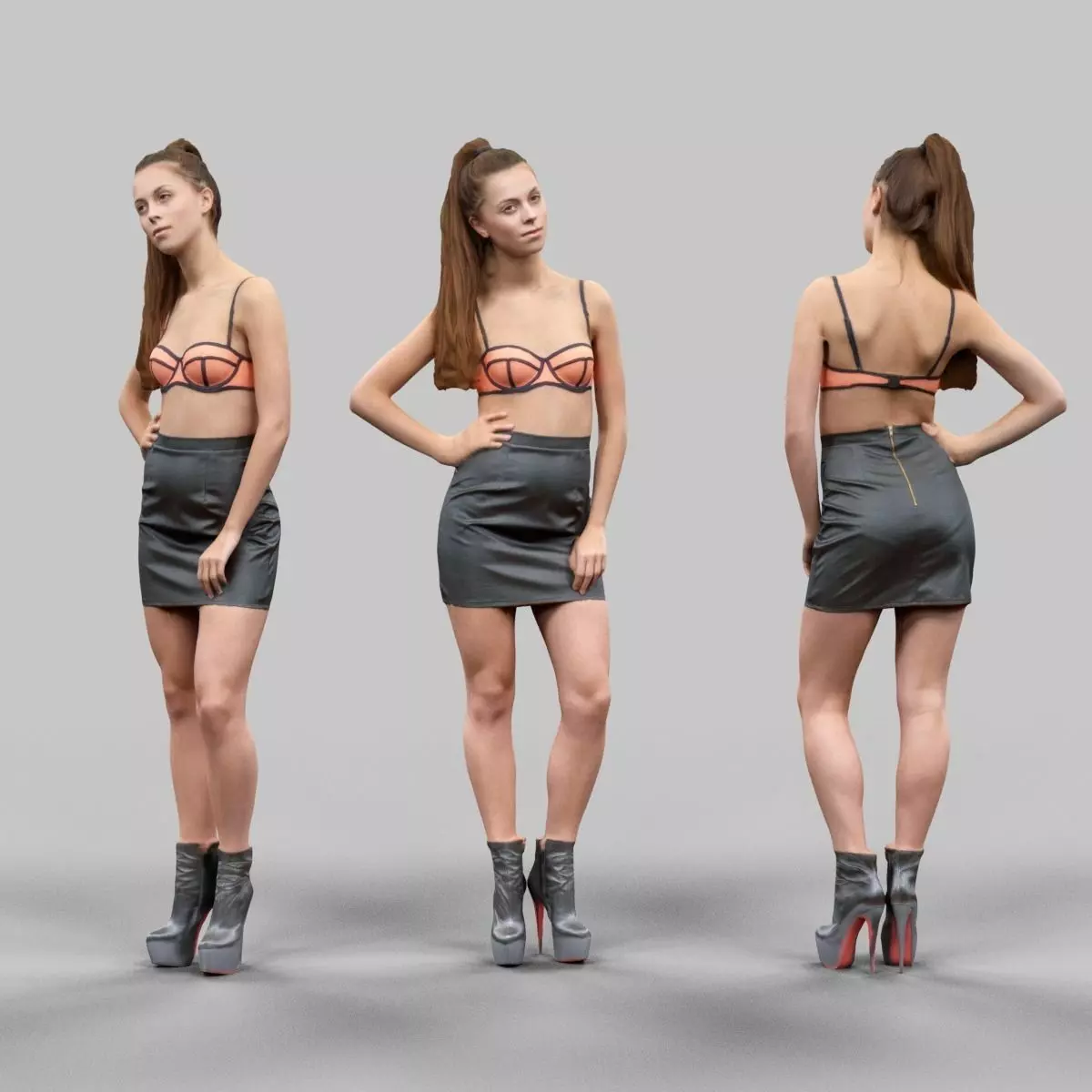 Cute girl in orange bra and leather skirt Low-poly 3D model