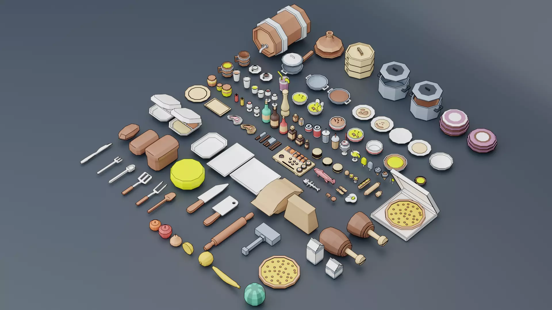 A set of products drinks kitchen utensils Low-poly 3D model_0
