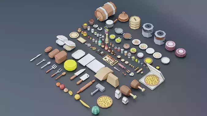 A set of products drinks kitchen utensils Low-poly 3D model