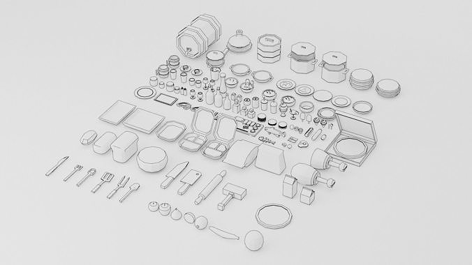 A set of products drinks kitchen utensils Low-poly 3D model 3