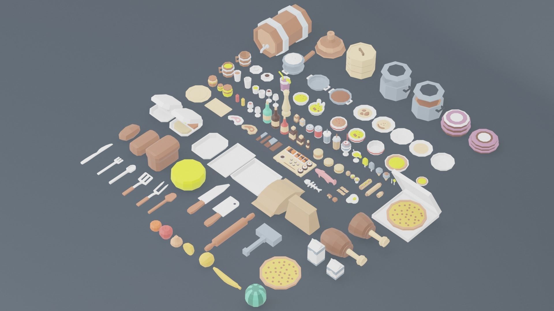 A set of products drinks kitchen utensils Low-poly 3D model_1
