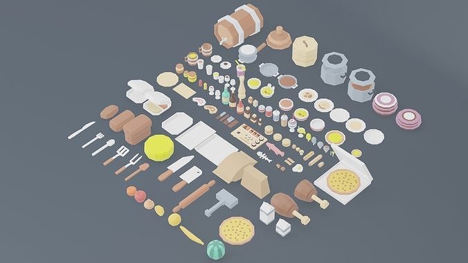 A set of products drinks kitchen utensils Low-poly 3D model 2