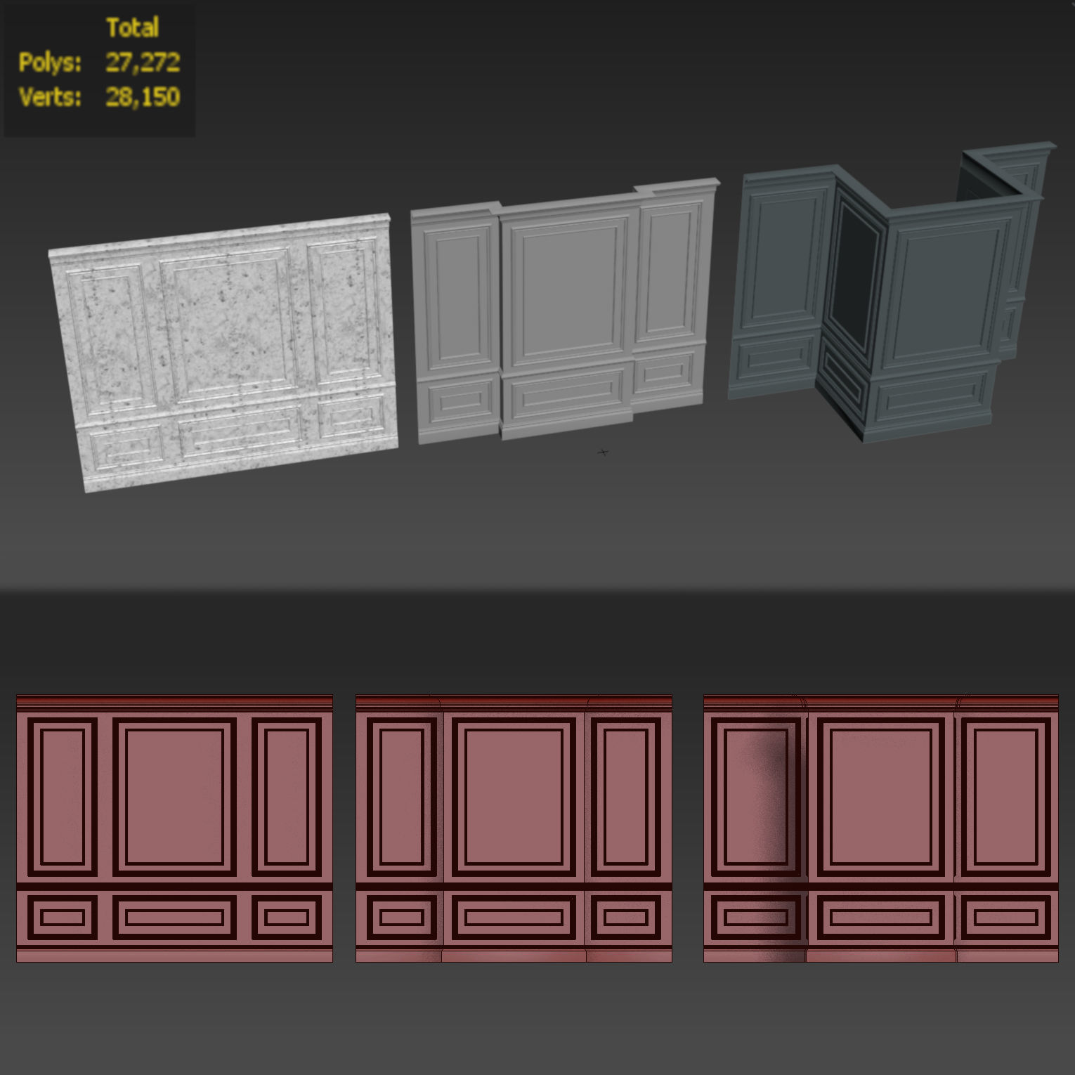 Wall molding 4 Boiserie classic panels Low-poly 3D model_2