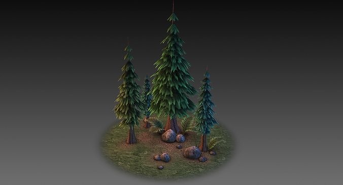 Low Poly Forest Collection with trees and rocks Low-poly 3D model