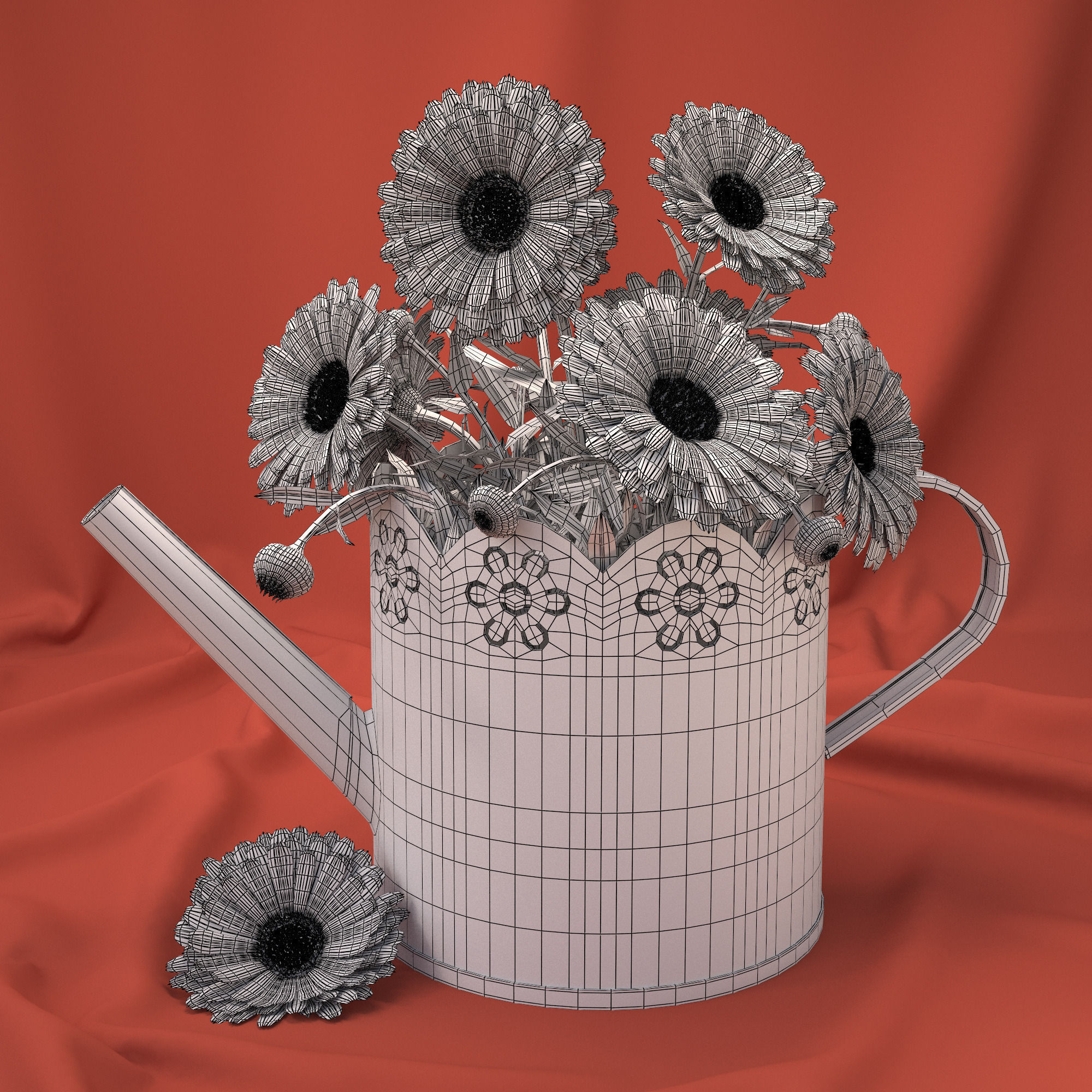 Calendula orange flowers in watering can 3D model_2