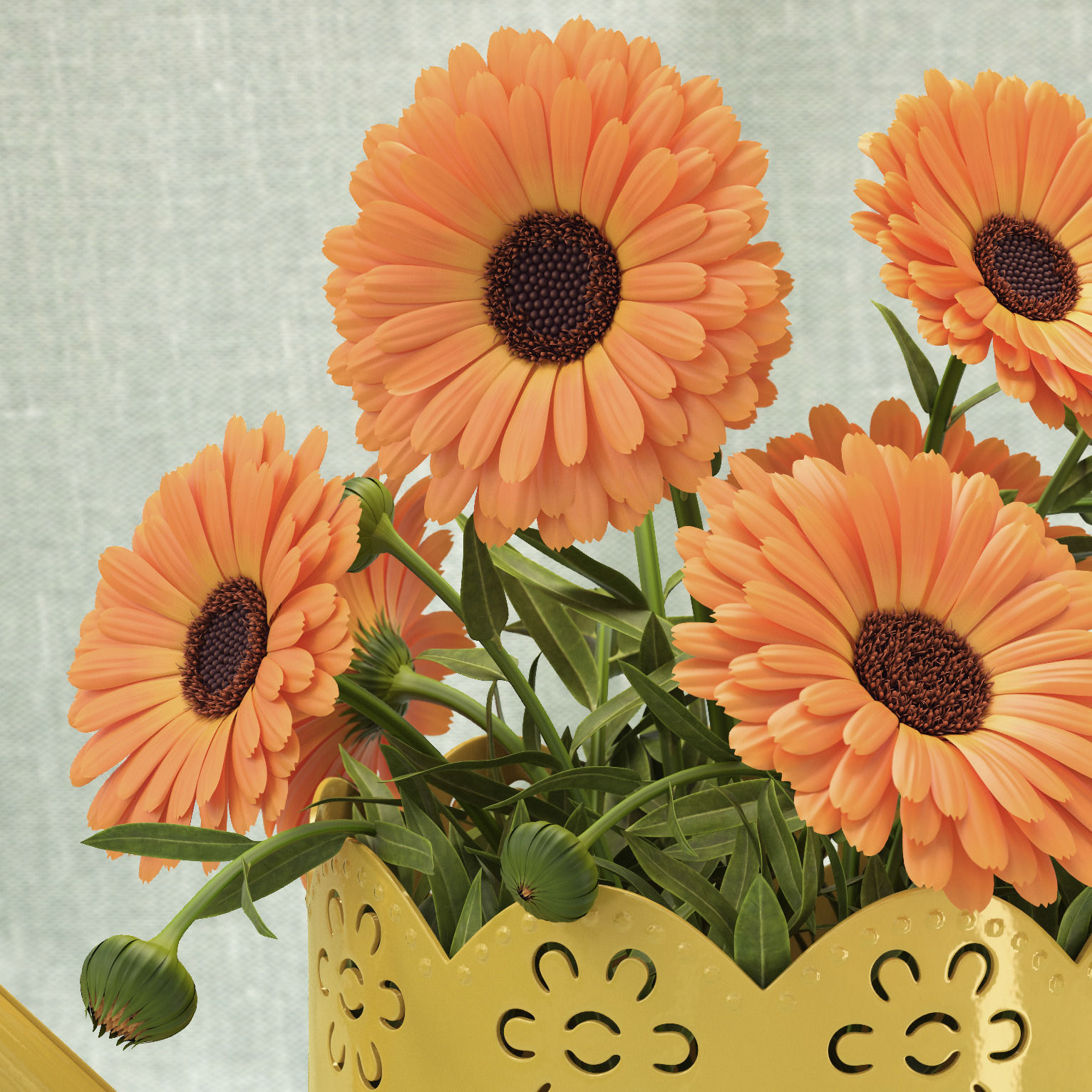 Calendula orange flowers in watering can 3D model_3