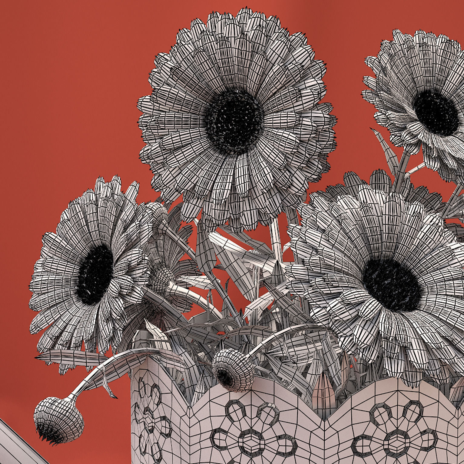 Calendula orange flowers in watering can 3D model_4