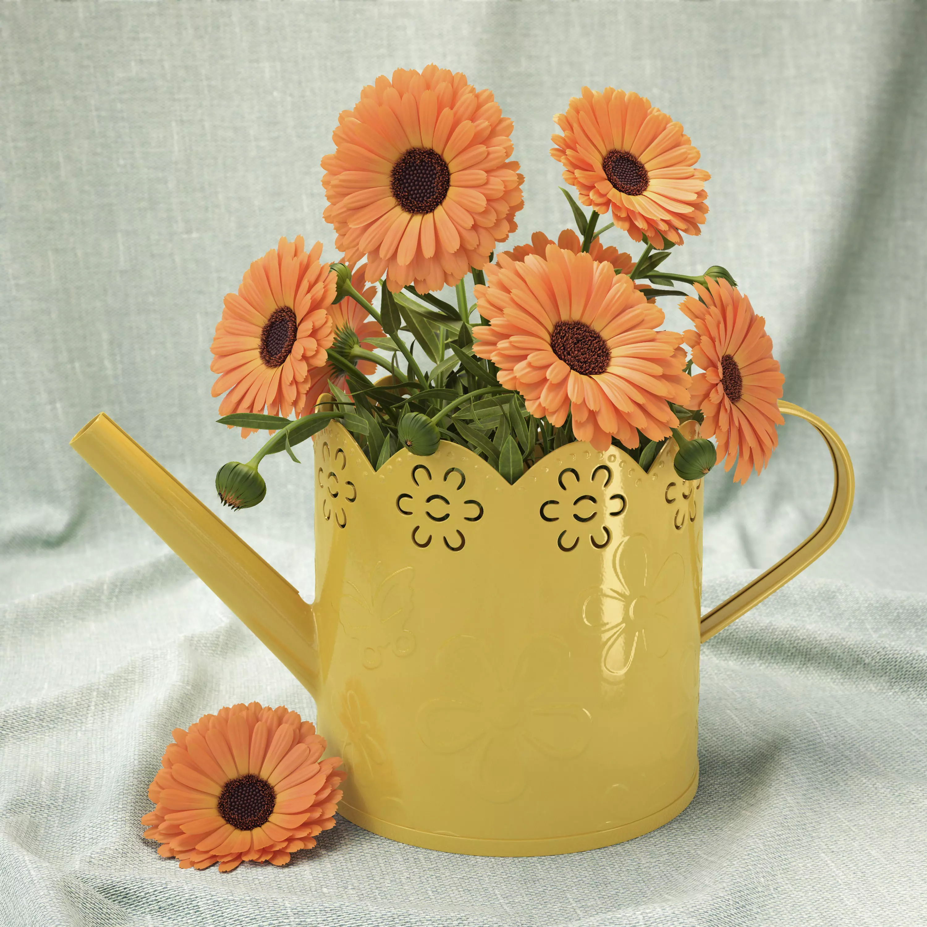 Calendula orange flowers in watering can 3D model_0
