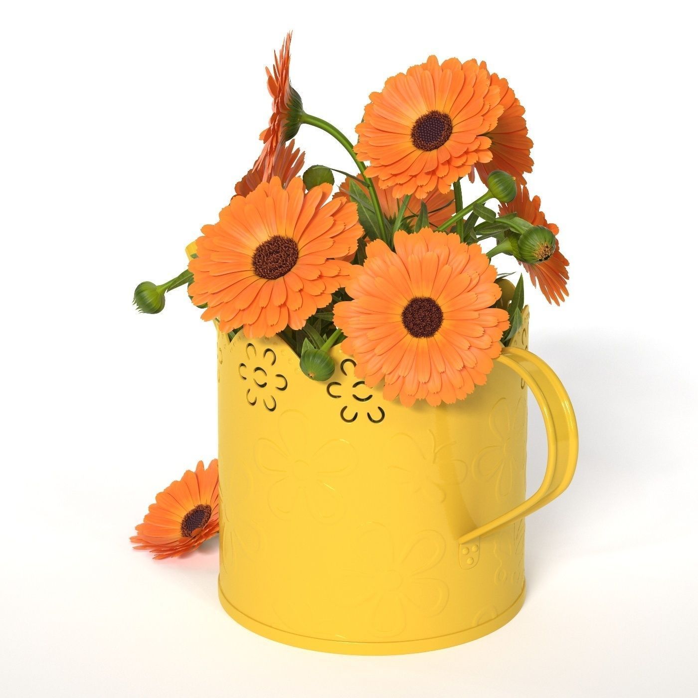 Calendula orange flowers in watering can 3D model_7