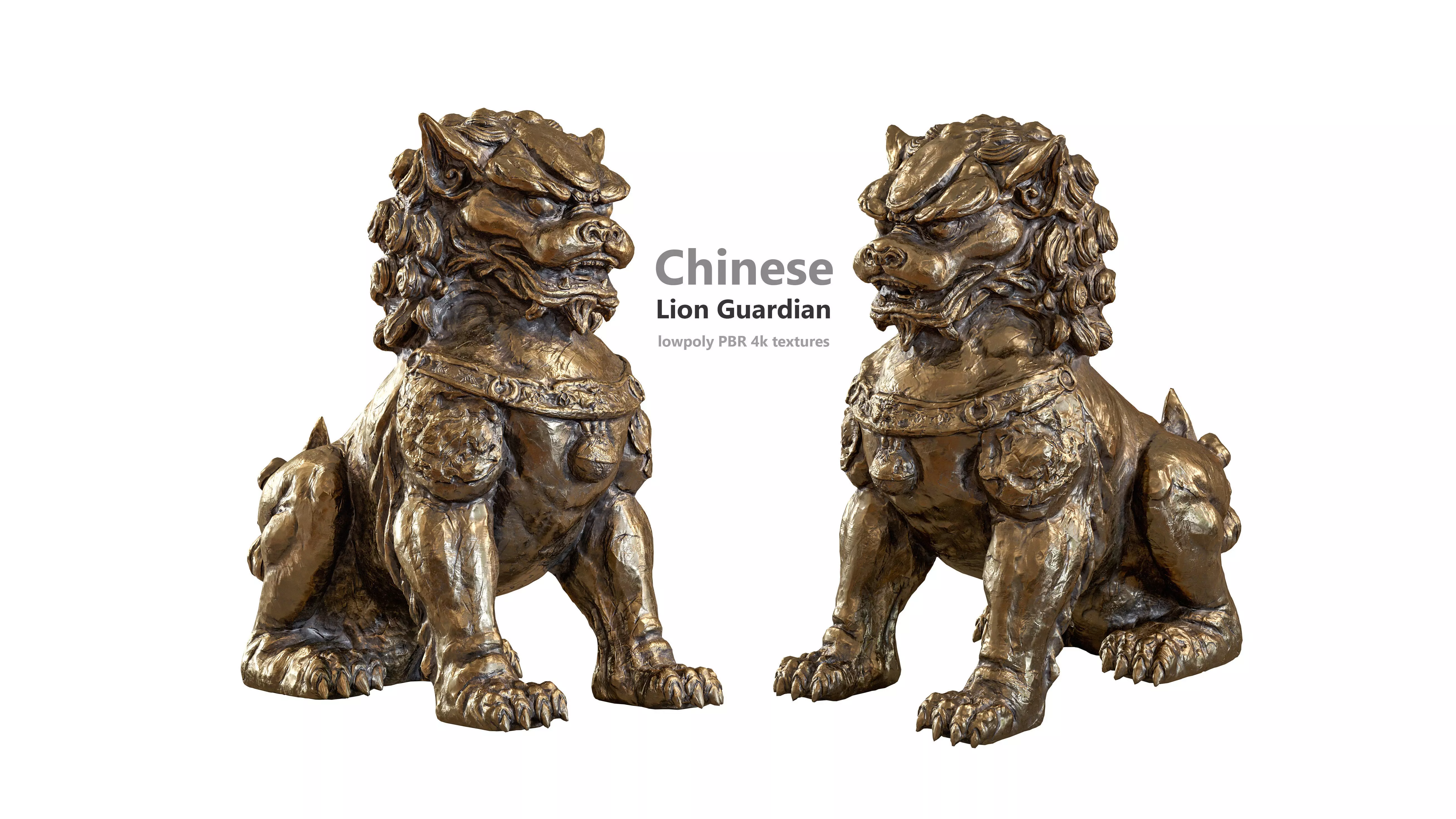 Chinese lion guardian sculpture lowpoly PBR 4 materials Low-poly 3D model_0
