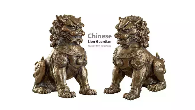 Chinese lion guardian sculpture lowpoly PBR 4 materials Low-poly 3D model