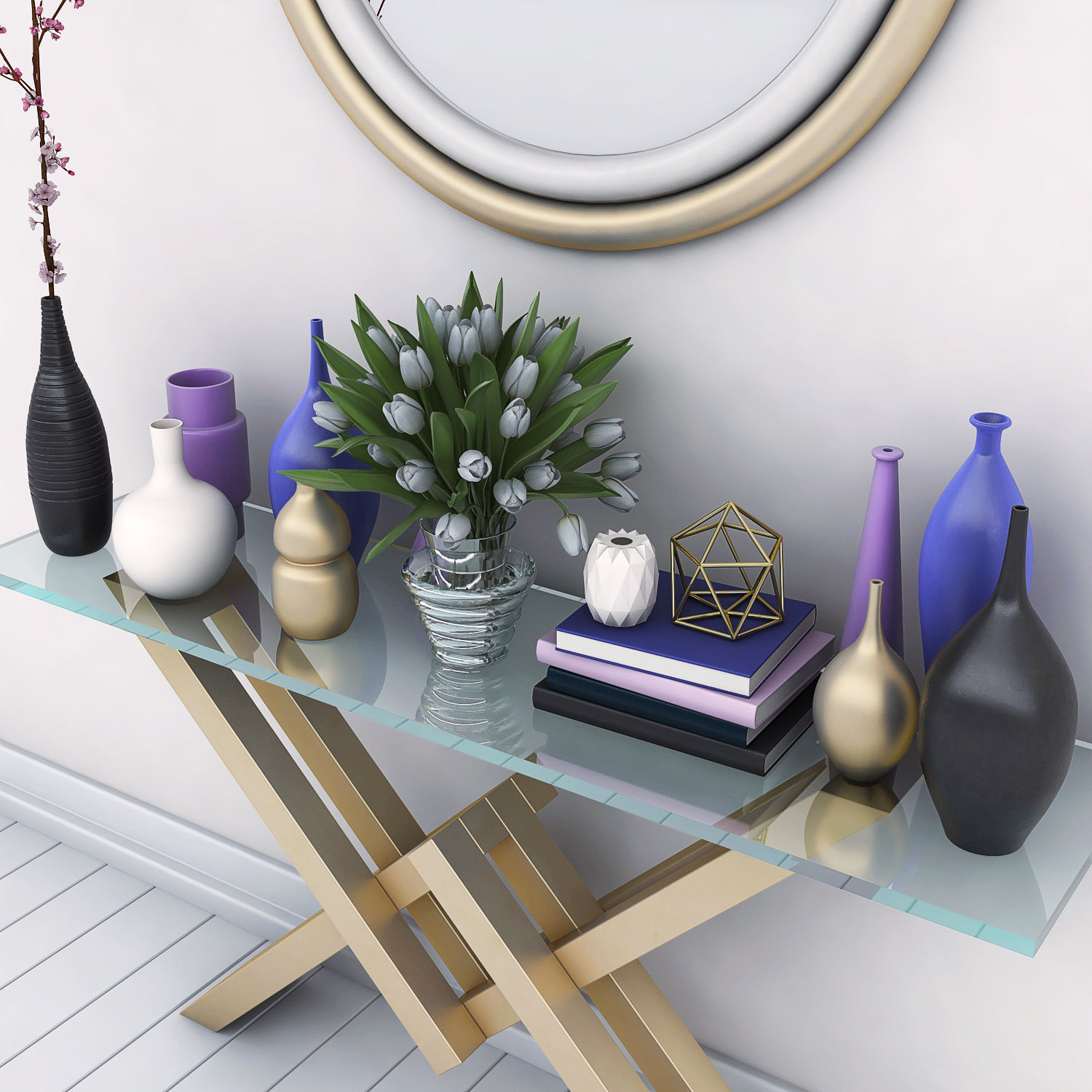 Modern Console Table and vases  3D model_2