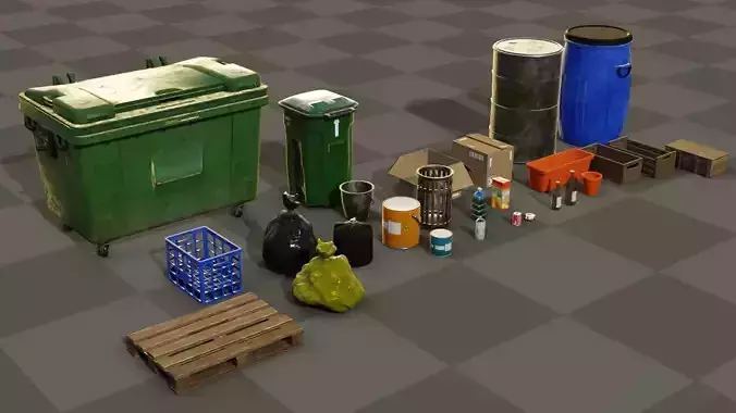 Pack of trash objects boxes bins and bottles Low-poly 3D model