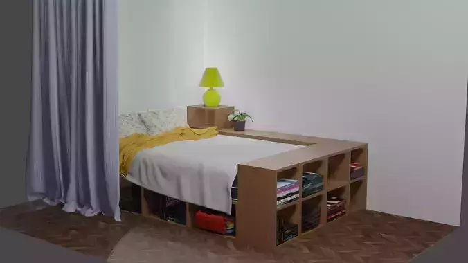 Messy bed with curtain