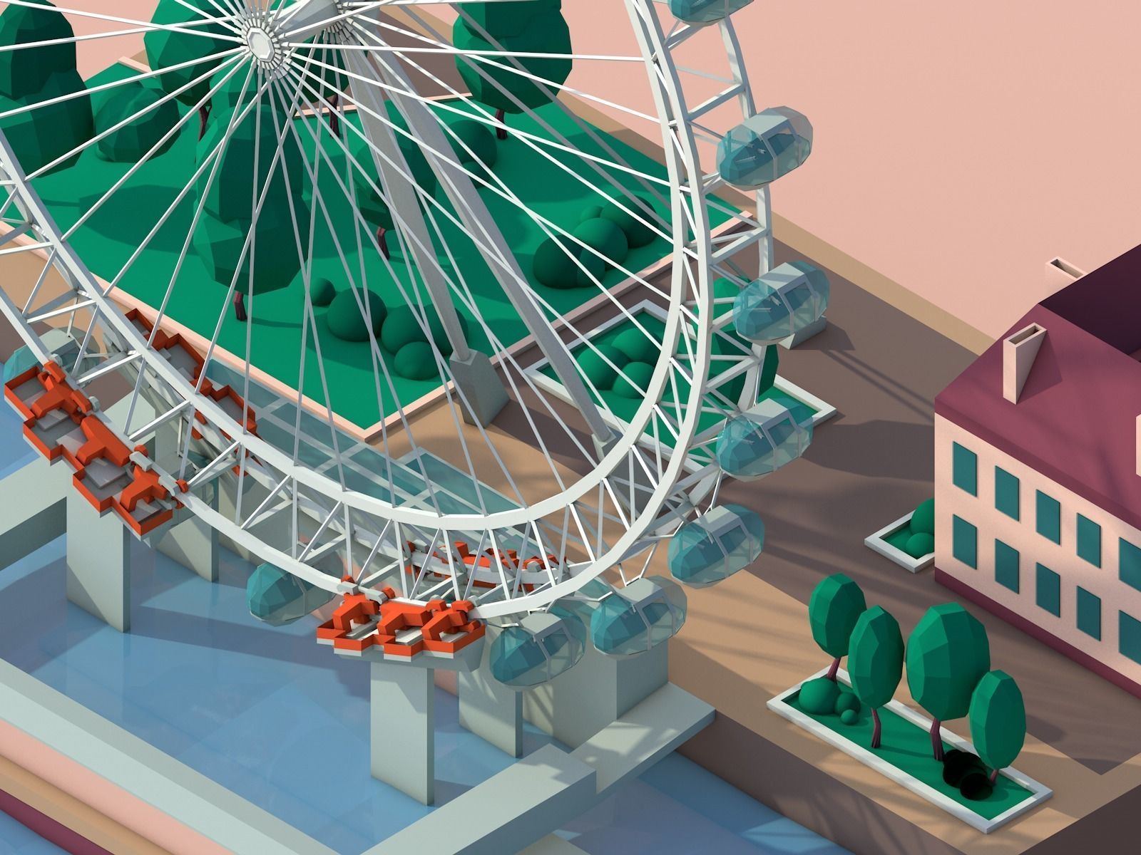 Cartoon Low Poly London Eye Landmark Low-poly 3D model_4