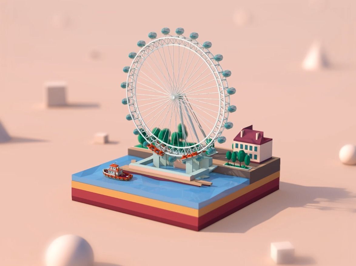 Cartoon Low Poly London Eye Landmark Low-poly 3D model_11