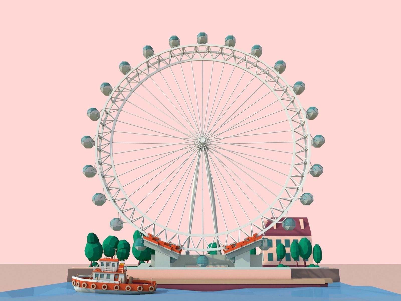 Cartoon Low Poly London Eye Landmark Low-poly 3D model_3