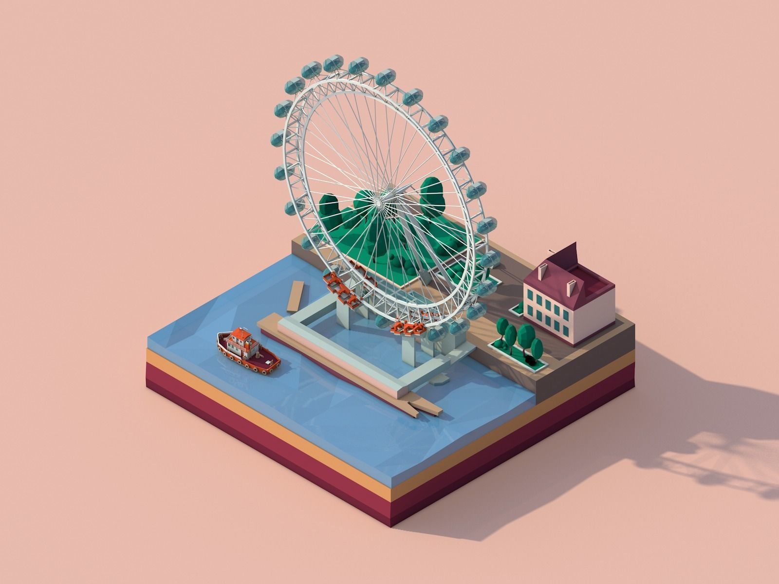 Cartoon Low Poly London Eye Landmark Low-poly 3D model_2