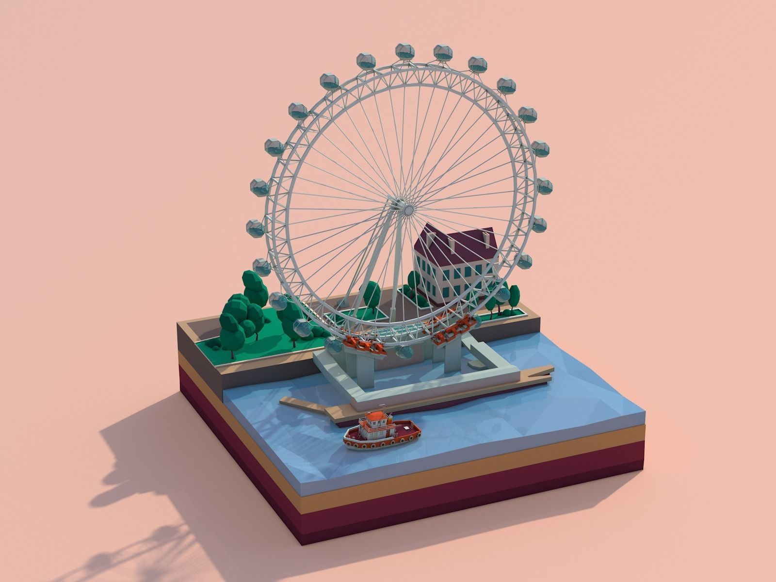 Cartoon Low Poly London Eye Landmark Low-poly 3D model_1