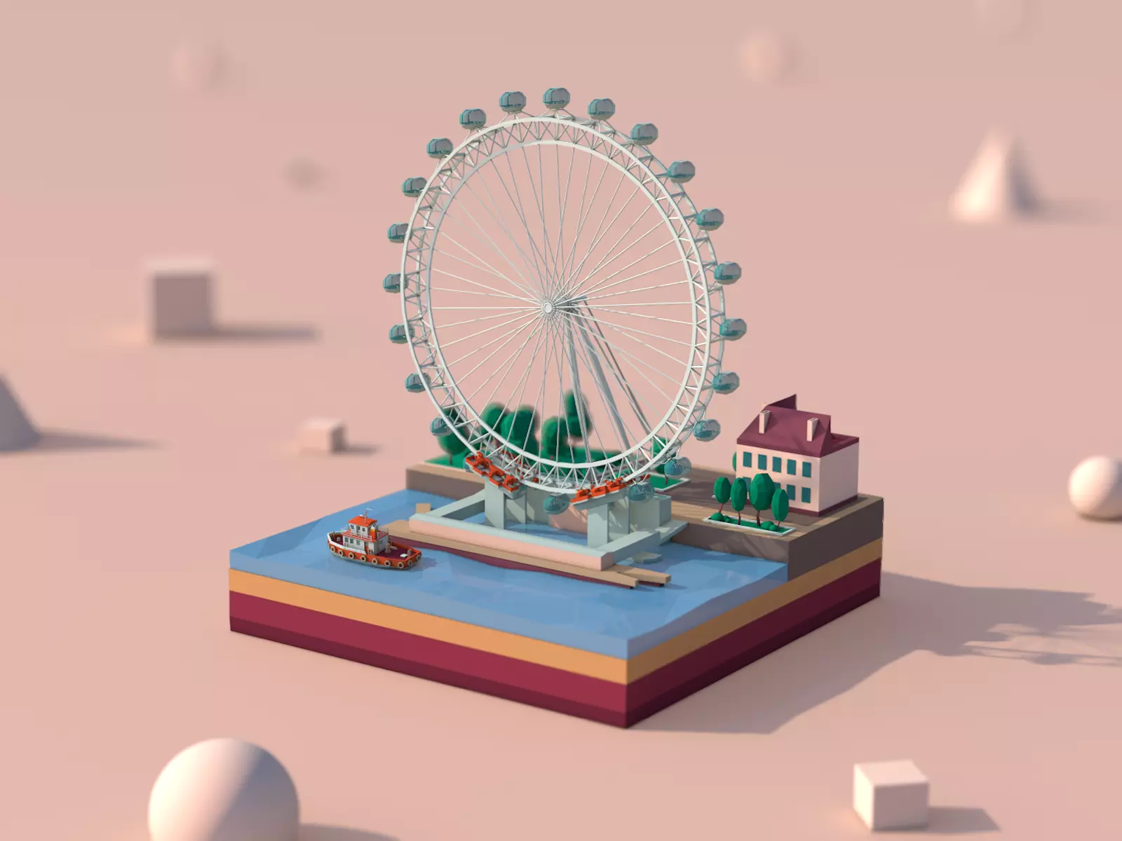 Cartoon Low Poly London Eye Landmark Low-poly 3D model_0