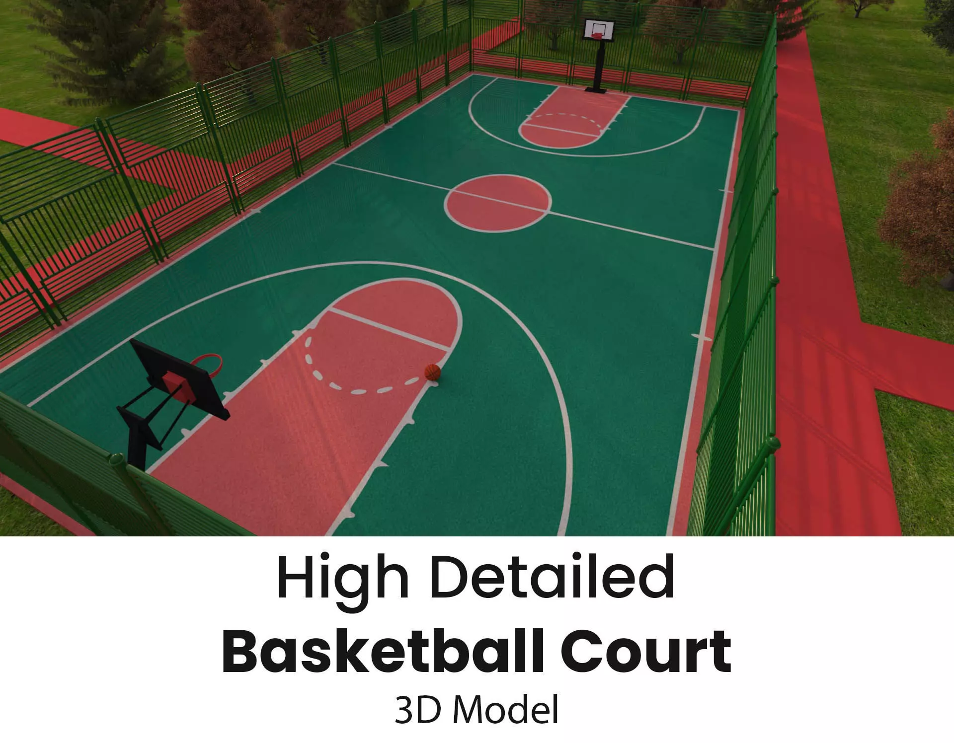 Detailed Outdoor Basketball Court - Low Poly 3D model