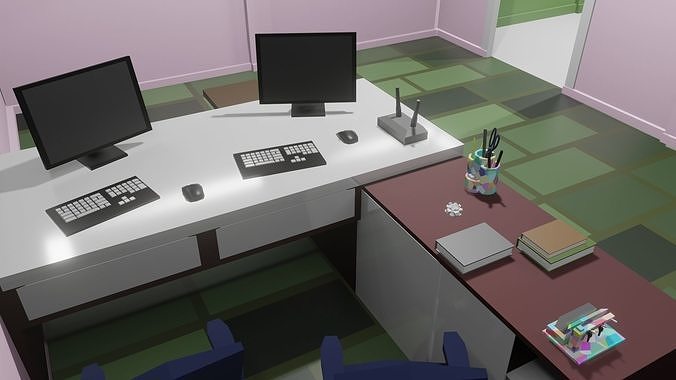 Office desk with two monitors and keyboard Free low-poly 3D model