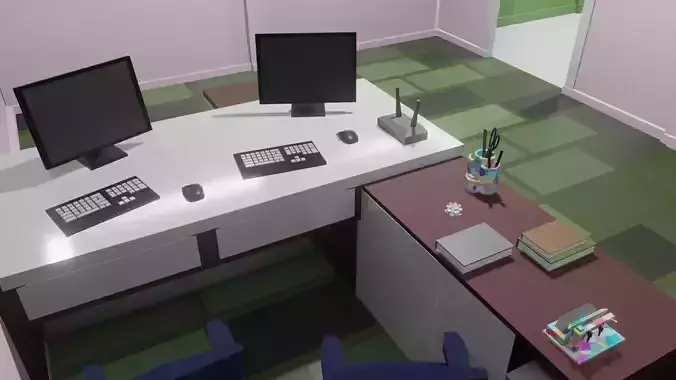 Office desk with two monitors and keyboard