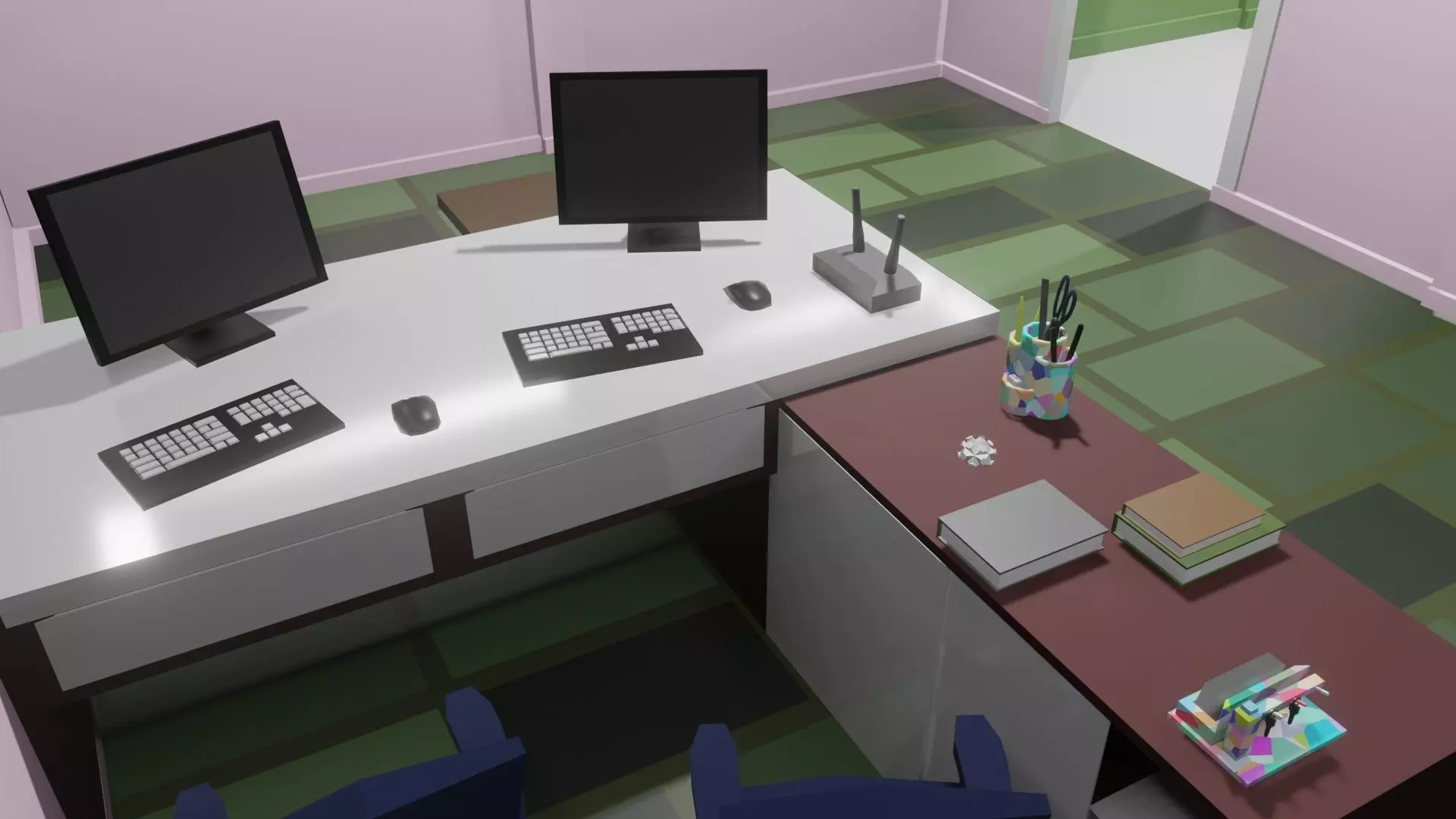 Office desk with two monitors and keyboard Free low-poly 3D model