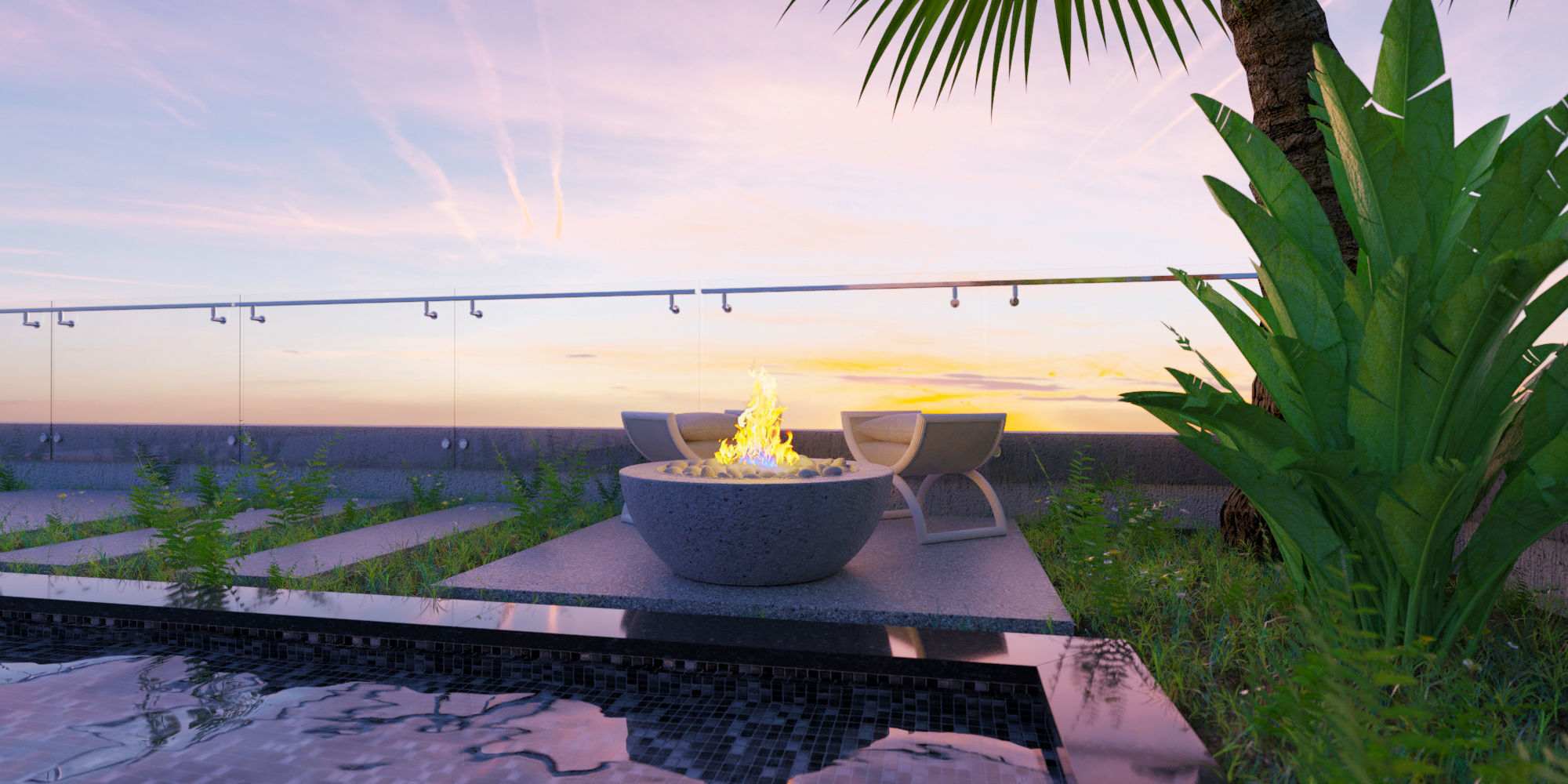 Outdoor soft seating with fireplace Low-poly 3D model_3