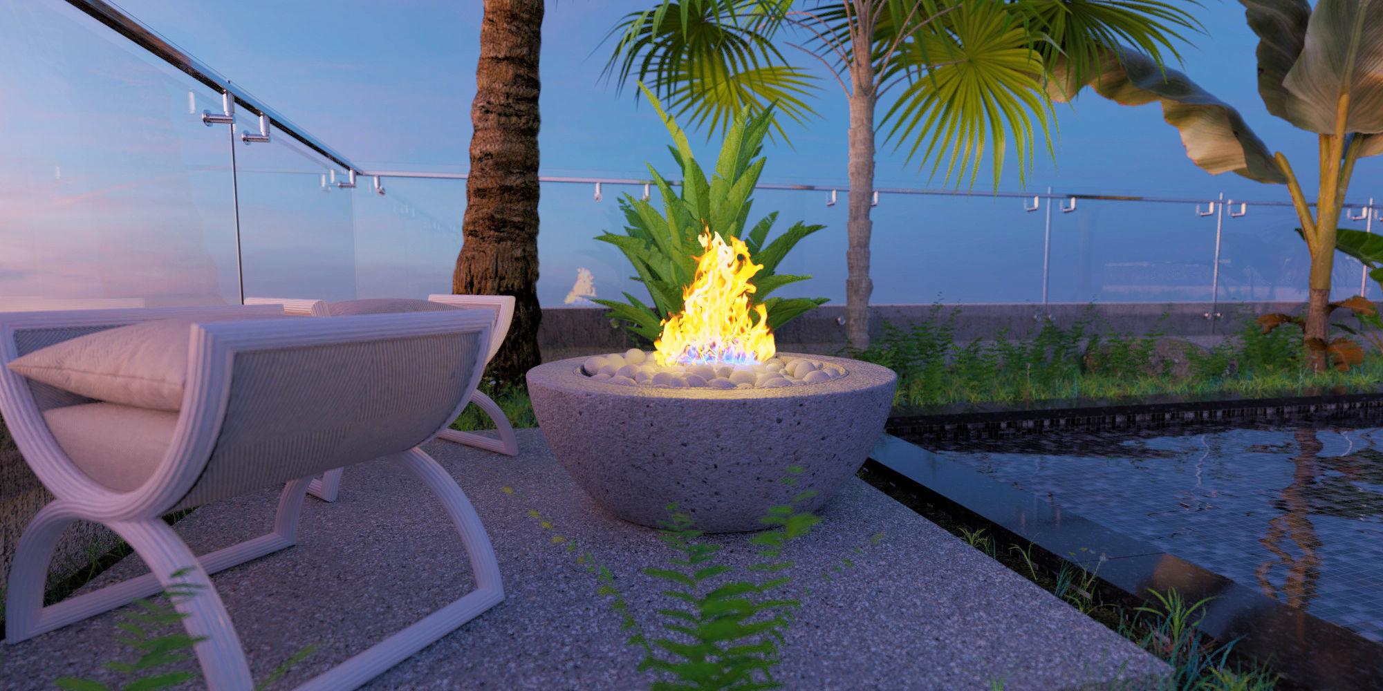 Outdoor soft seating with fireplace Low-poly 3D model_2
