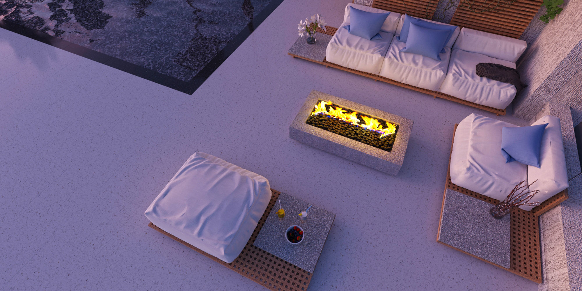 Outdoor soft seating with fireplace Low-poly 3D model_1