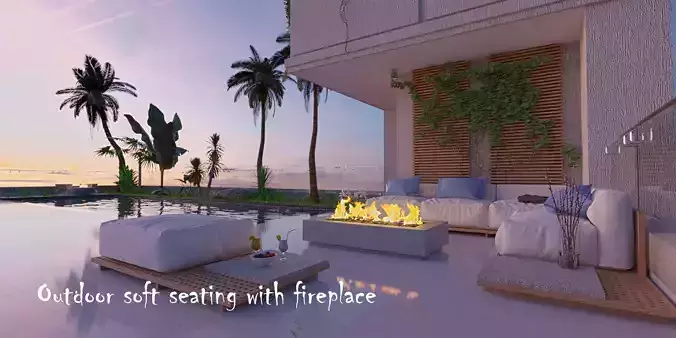Outdoor soft seating with fireplace