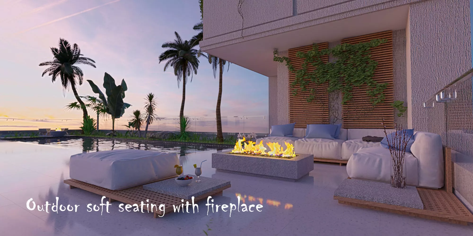 Outdoor soft seating with fireplace Low-poly 3D model_0