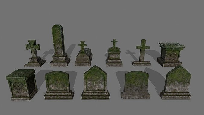 Tombstone set wooden cross Low-poly 3D model
