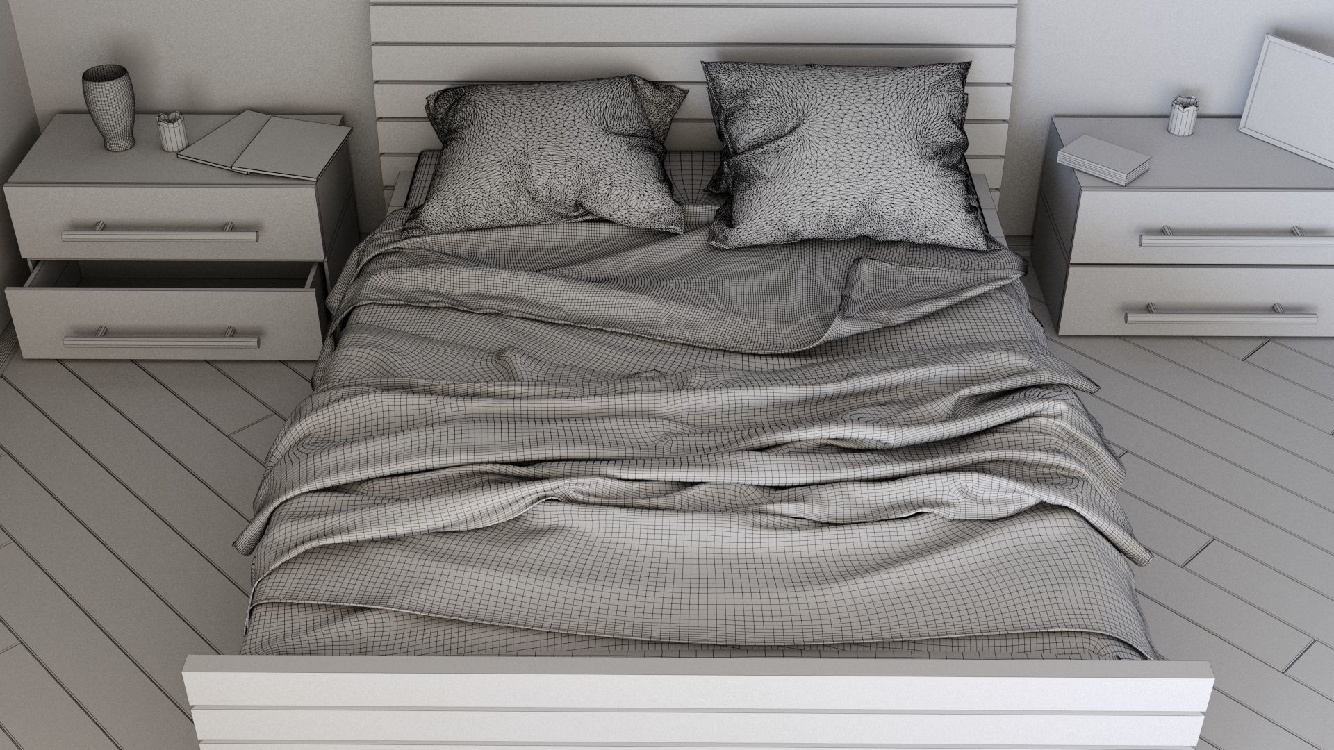 Bedroom with bed and wall art 3D model_8