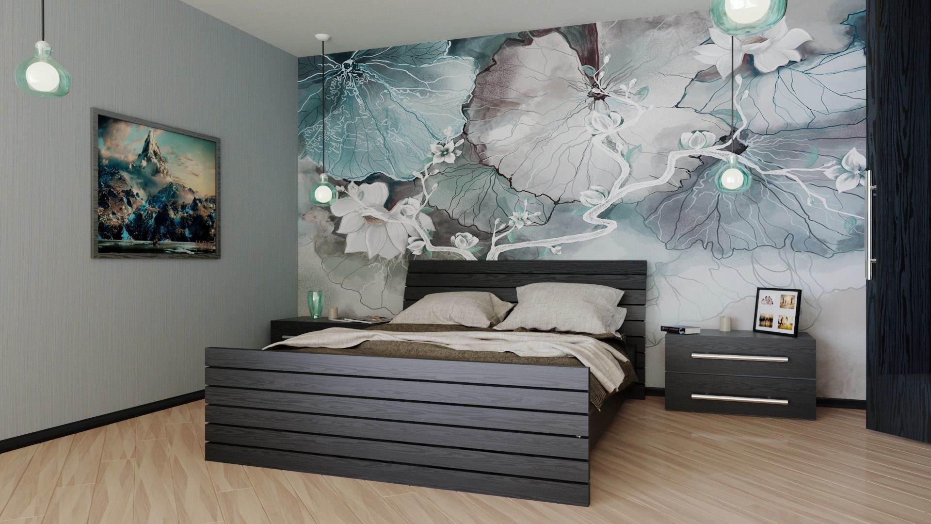 Bedroom with bed and wall art 3D model_4