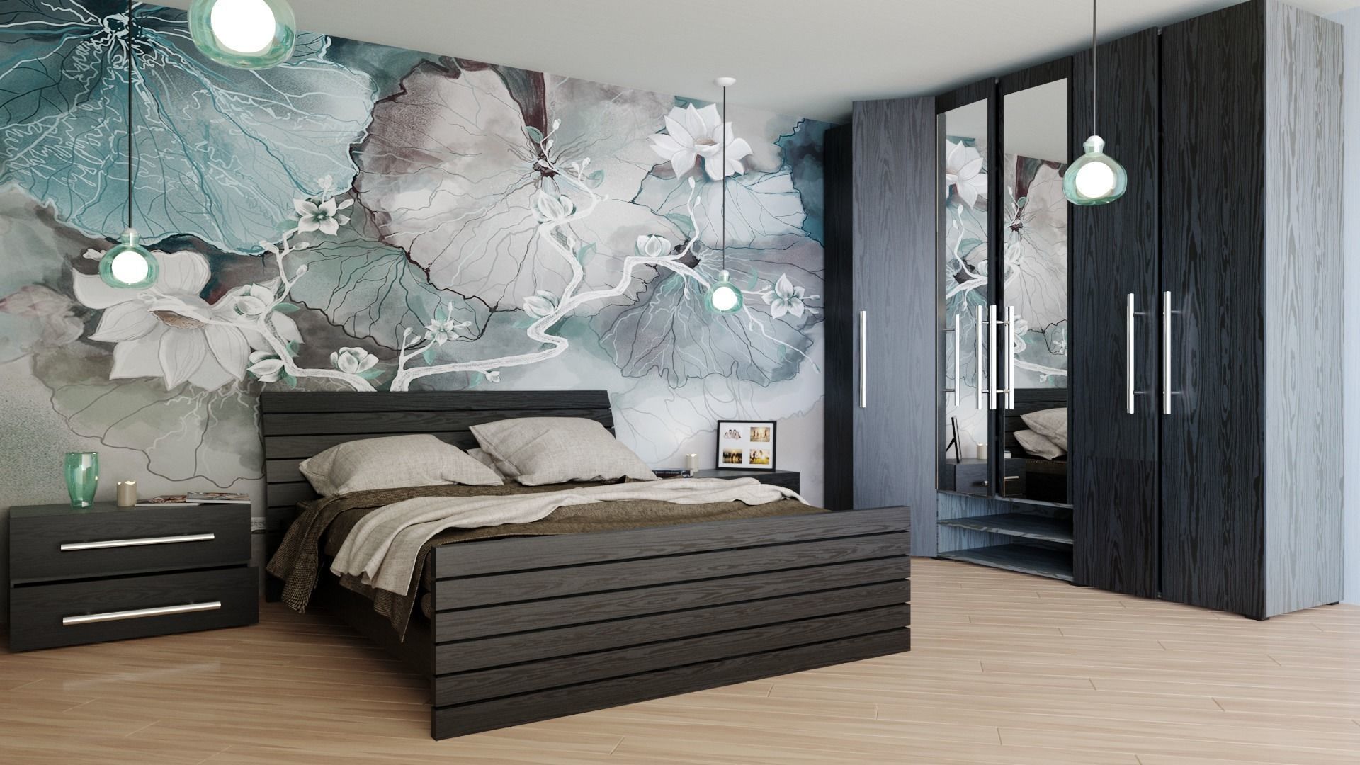Bedroom with bed and wall art 3D model_2