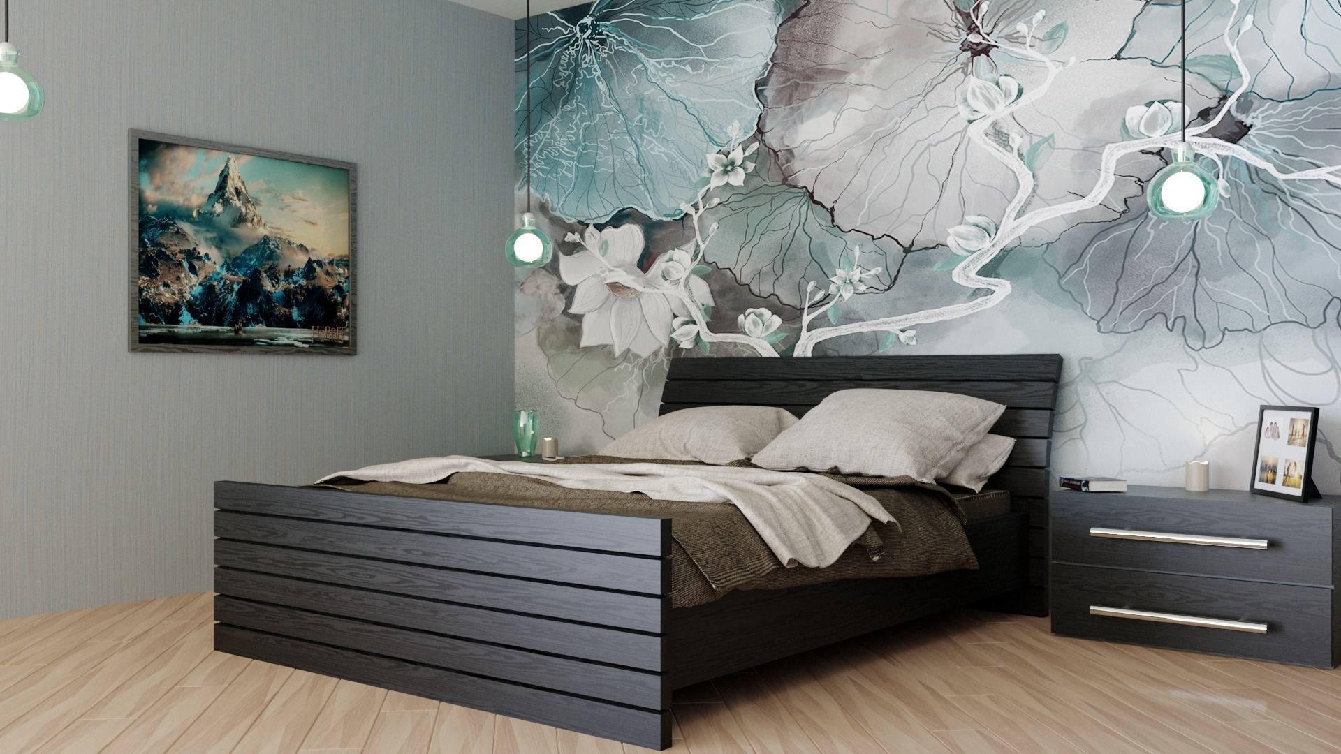 Bedroom with bed and wall art 3D model_3