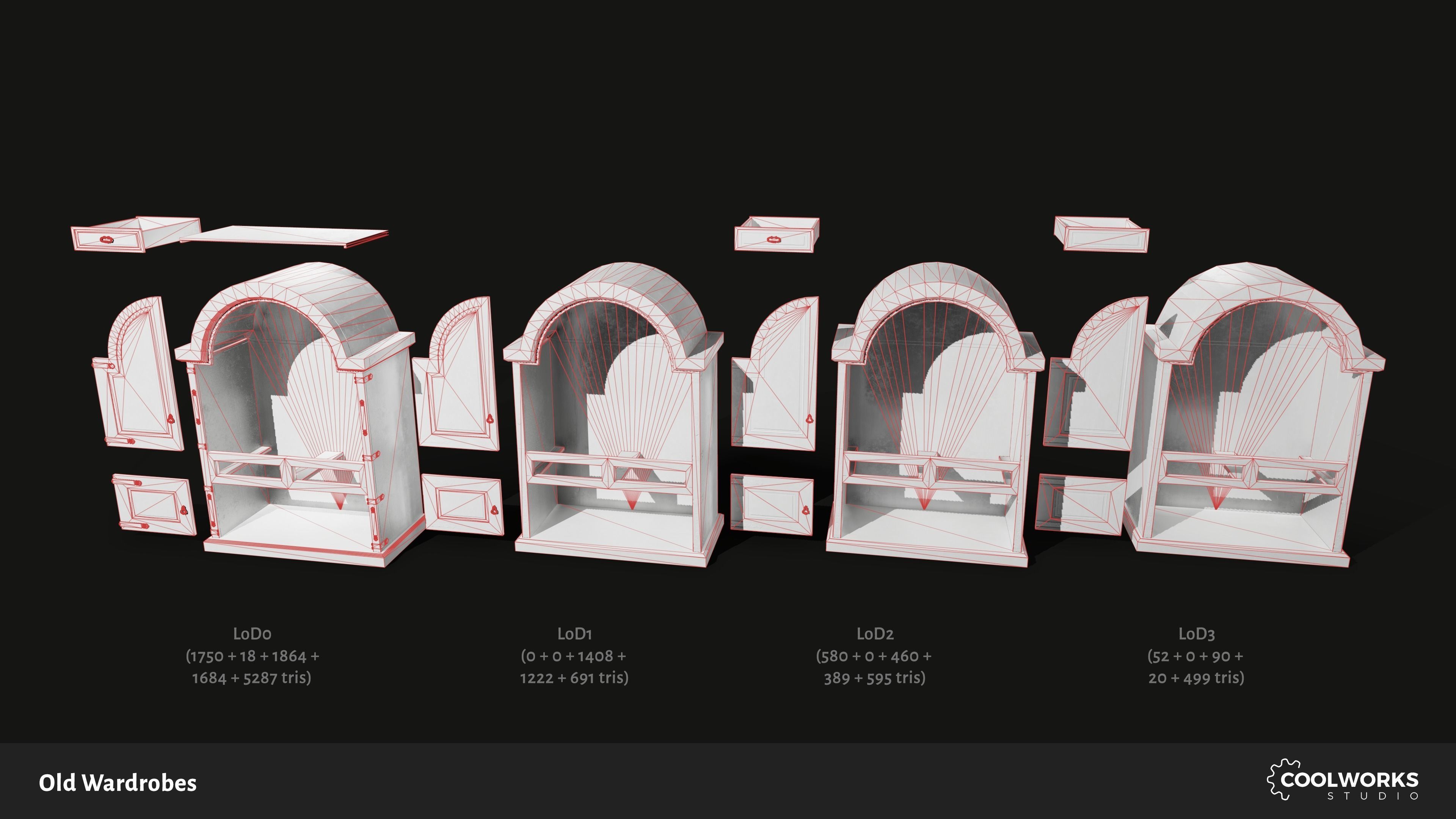 Old Wardrobe Modular Set Low-poly 3D model_6