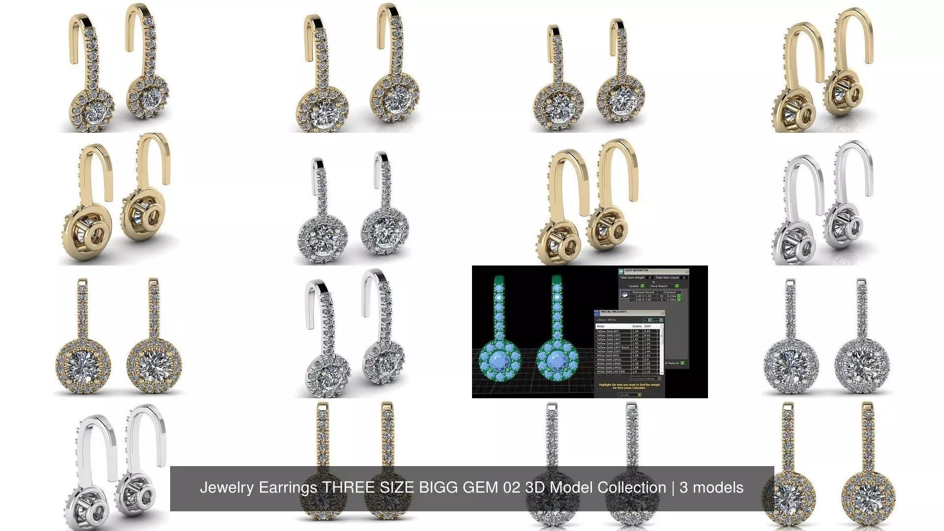Jewelry Earrings THREE SIZE BIGG GEM 02 3D Model Collection _0